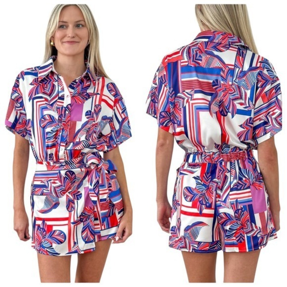 Fate Sz M Getaway Front Tie Romper 70s Pockets Floral Boho Summer Cottage Chic‎